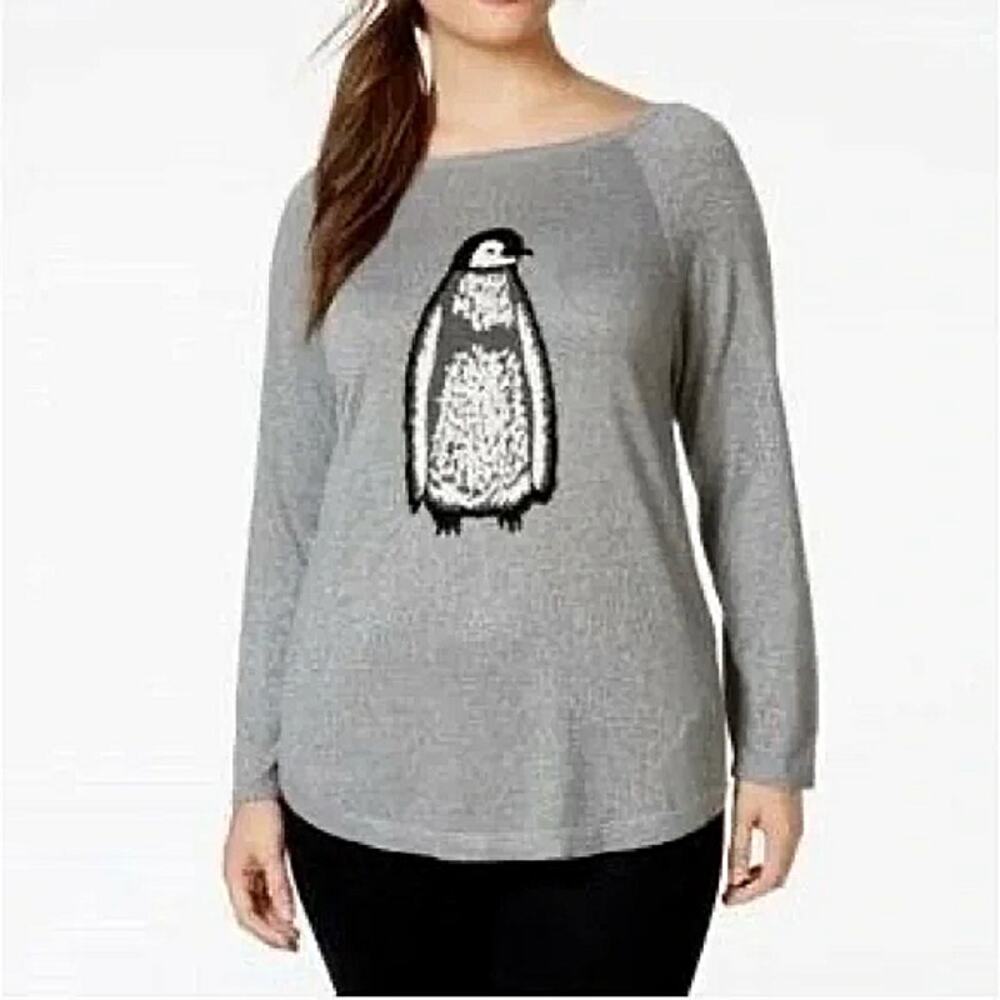 Style & Co. Womens Sweater Sz 2X Gray Silver Black White‎ Penguin Sparkle